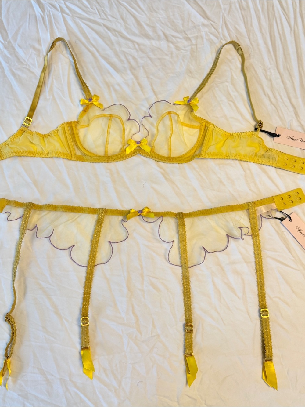 Agent Provocateur Yellow Sheer Embroidered Bra & Garter Set - Picture 5 of 9